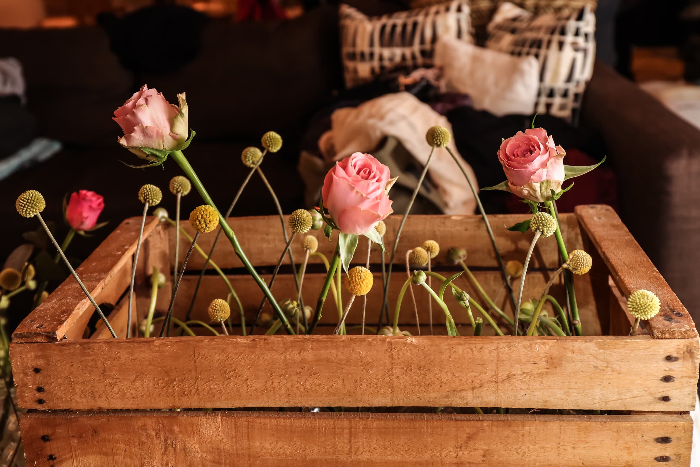 Dettaglio floreale con rose e craspedia